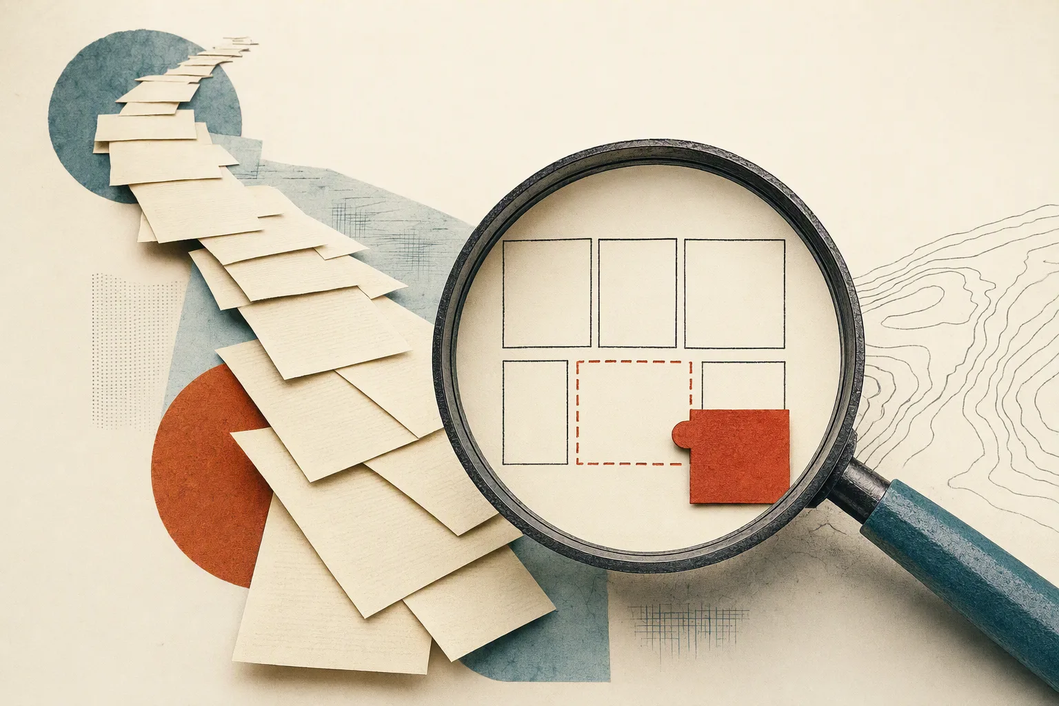 AI-generated illustration: legal documents with a missing link revealed by a magnifying glass.
