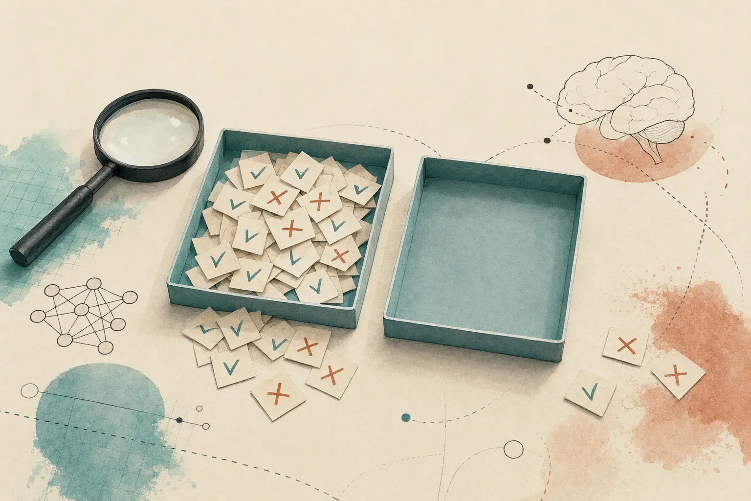 AI-generated illustration: supported and unresolved claim tiles beside an empty tray.